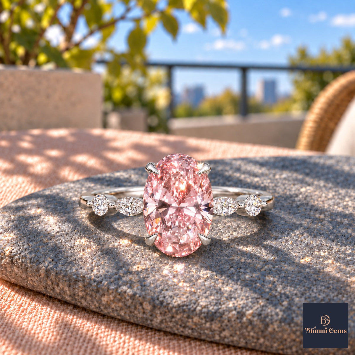 Pink Oval Cut Lab Grown Diamond Engagement Ring - Marquise and Round Accents in white gold, close-up