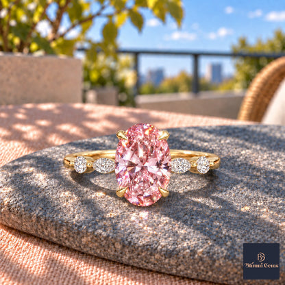 Pink Oval Cut Lab Grown Diamond Engagement Ring - Marquise and Round Accents in yellow gold, close-up