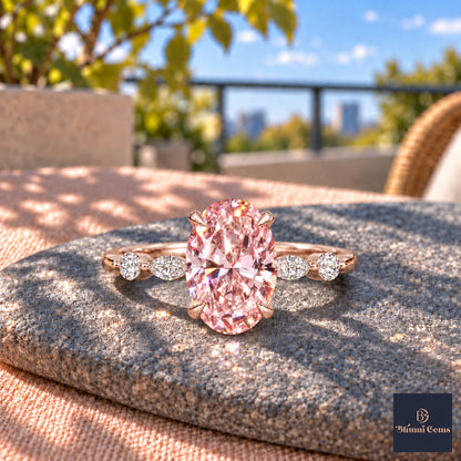 Pink Oval Cut Lab Grown Diamond Engagement Ring - Marquise and Round Accents in rose gold, close-up