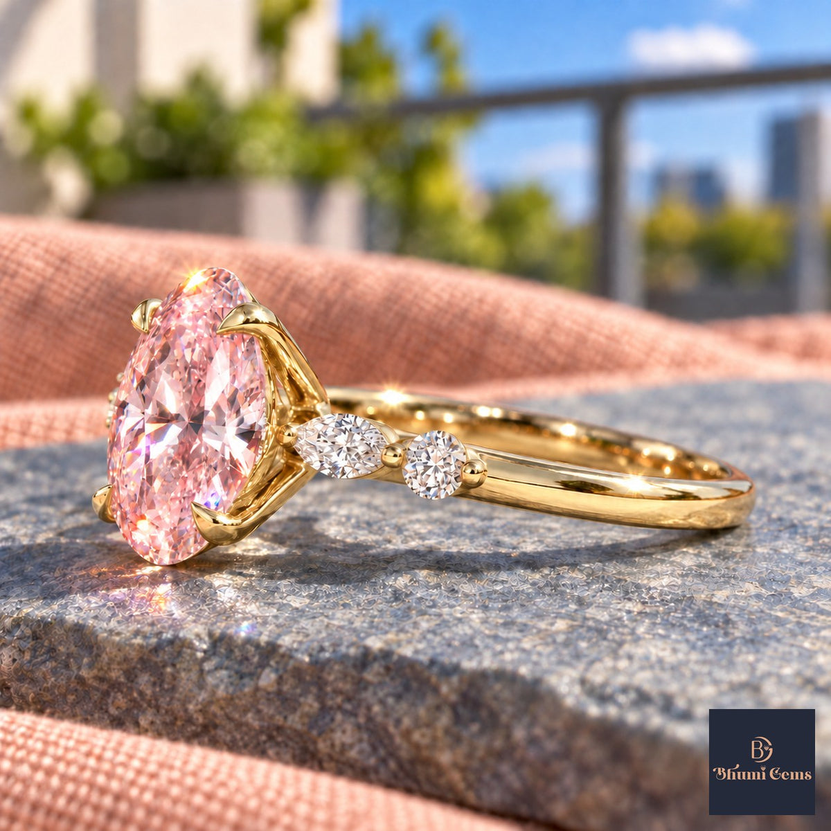 Pink Oval Cut Lab Grown Diamond Engagement Ring - Marquise and Round Accents in yellow gold, side view