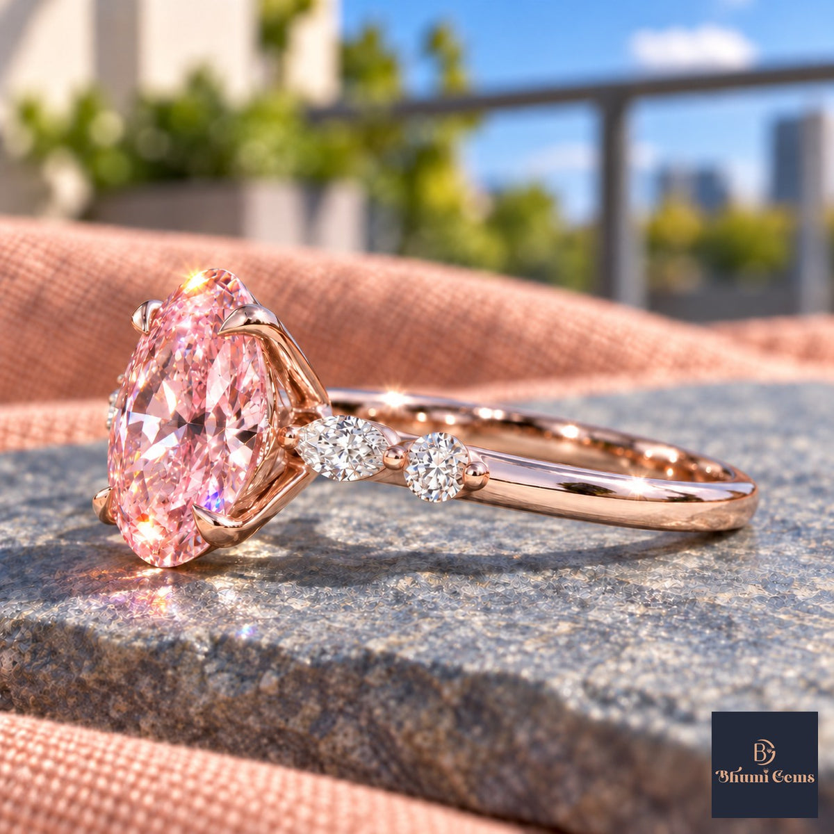 Pink Oval Cut Lab Grown Diamond Engagement Ring - Marquise and Round Accents in rose gold, side view