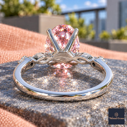Pink Oval Cut Lab Grown Diamond Engagement Ring - Marquise and Round Accents in white gold, gallery view