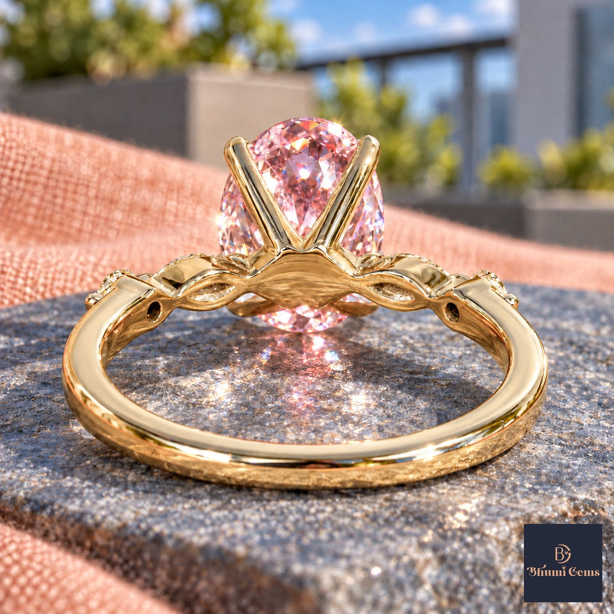 Pink Oval Cut Lab Grown Diamond Engagement Ring - Marquise and Round Accents in yellow gold, gallery view