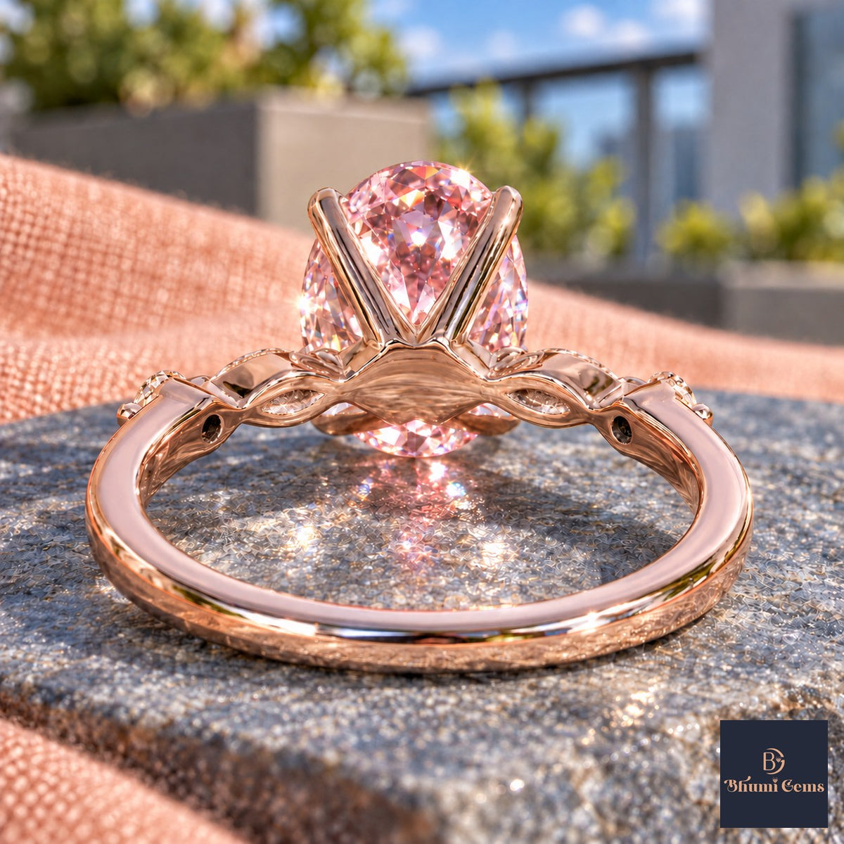 Pink Oval Cut Lab Grown Diamond Engagement Ring - Marquise and Round Accents in rose gold, gallery view