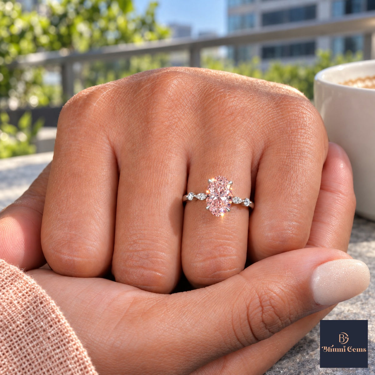 Pink Oval Cut Lab Grown Diamond Engagement Ring - Marquise and Round Accents in white gold, on the hand