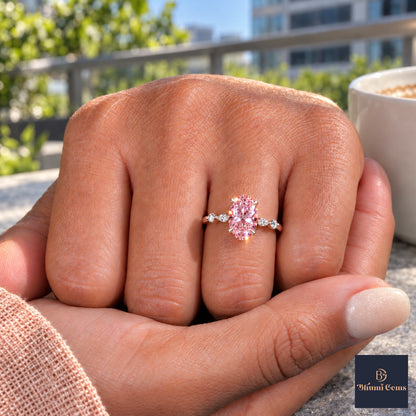 Pink Oval Cut Lab Grown Diamond Engagement Ring - Marquise and Round Accents in rose gold, on the hand