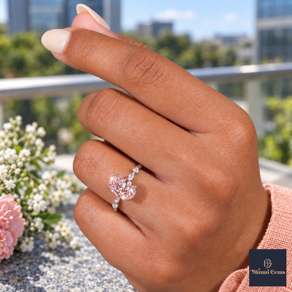 Pink Oval Cut Lab Grown Diamond Engagement Ring - Marquise and Round Accents in white gold, worn on the hand