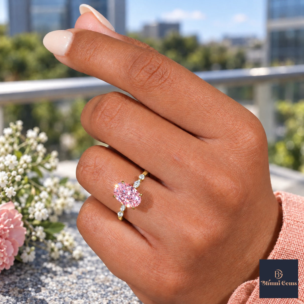 Pink Oval Cut Lab Grown Diamond Engagement Ring - Marquise and Round Accents in yellow gold, worn on the hand