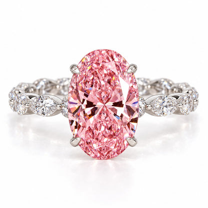 Pink Oval Cut Lab Grown Diamond Engagement Ring - Navette Band in white gold, front view