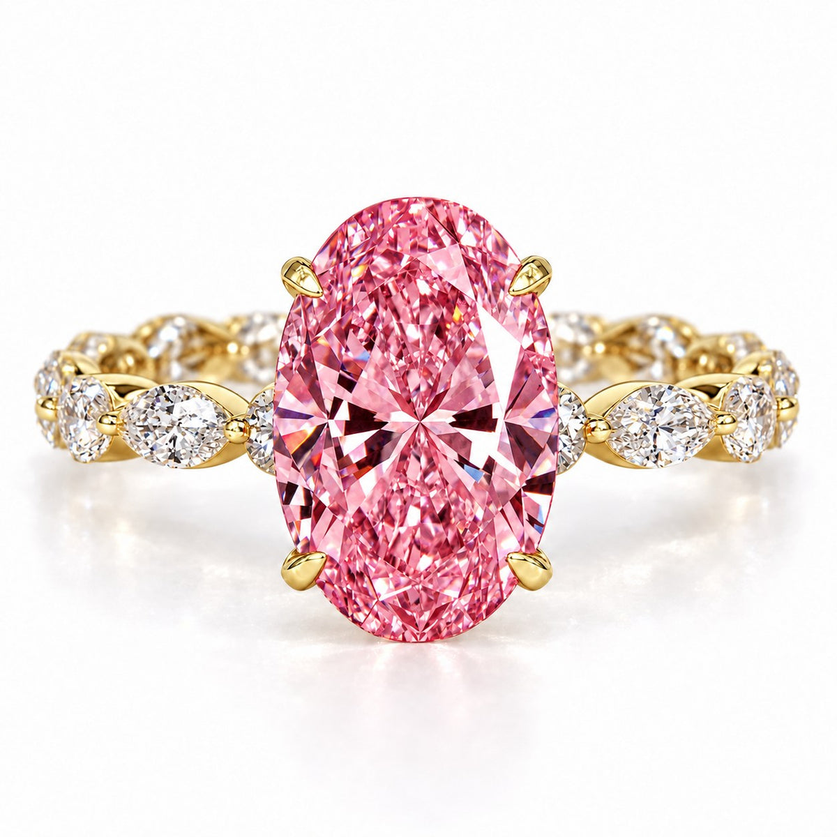 Pink Oval Cut Lab Grown Diamond Engagement Ring - Navette Band in yellow gold, front view