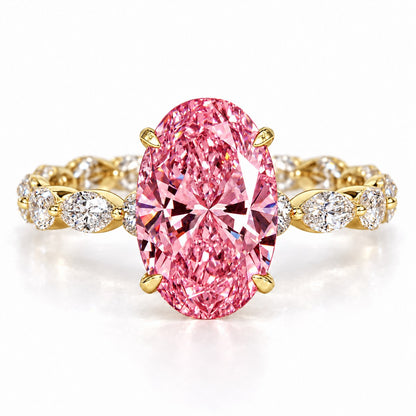 Pink Oval Cut Lab Grown Diamond Engagement Ring - Navette Band in yellow gold, front view