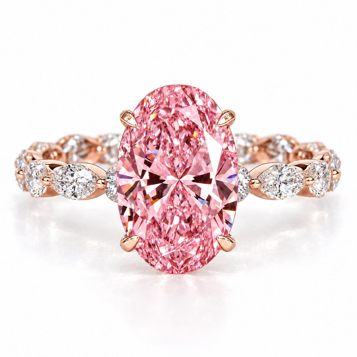 Pink Oval Cut Lab Grown Diamond Engagement Ring - Navette Band in rose gold, front view