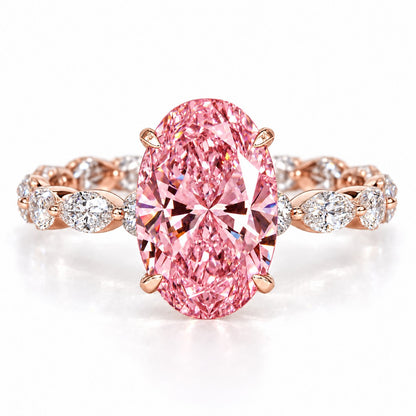 Pink Oval Cut Lab Grown Diamond Engagement Ring - Navette Band in rose gold, front view