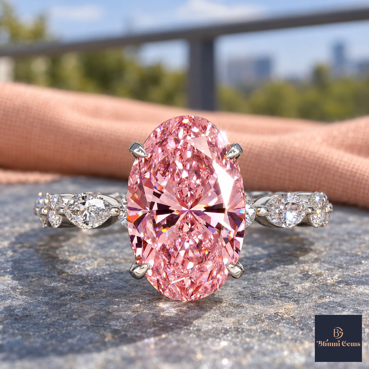 Pink Oval Cut Lab Grown Diamond Engagement Ring - Navette Band in white gold, close-up