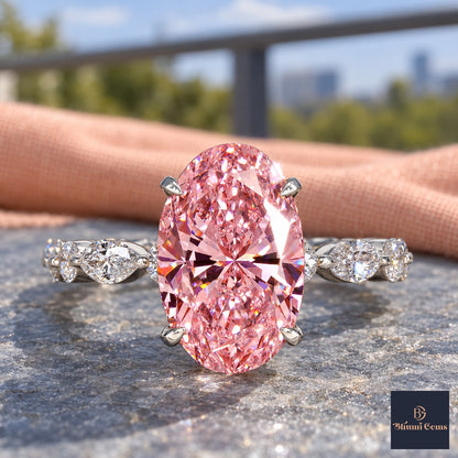 Pink Oval Cut Lab Grown Diamond Engagement Ring - Navette Band in white gold, close-up