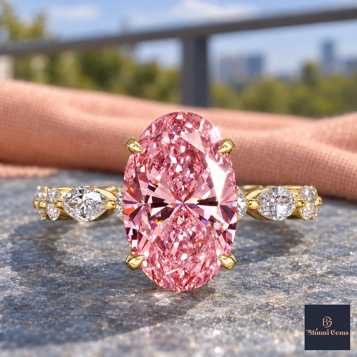Pink Oval Cut Lab Grown Diamond Engagement Ring - Navette Band in yellow gold, close-up
