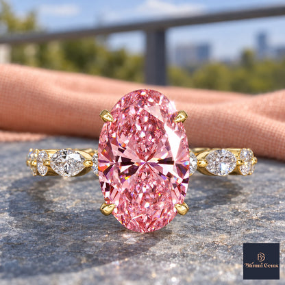 Pink Oval Cut Lab Grown Diamond Engagement Ring - Navette Band in yellow gold, close-up