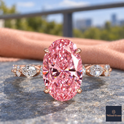 Pink Oval Cut Lab Grown Diamond Engagement Ring - Navette Band in rose gold, close-up