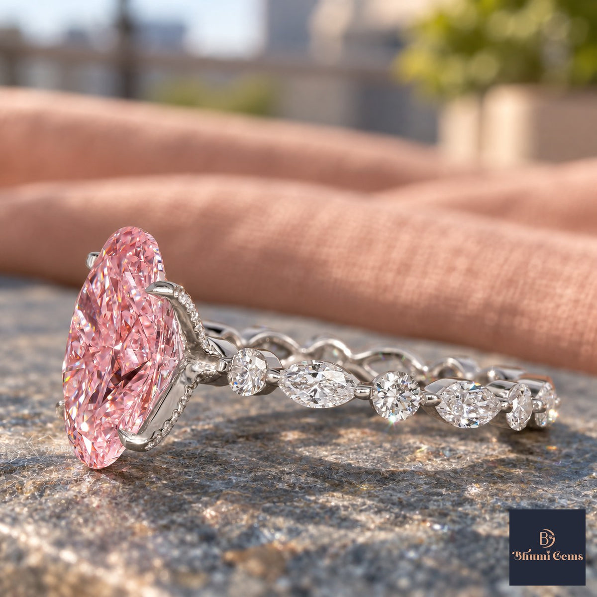 Pink Oval Cut Lab Grown Diamond Engagement Ring - Navette Band in white gold, side view