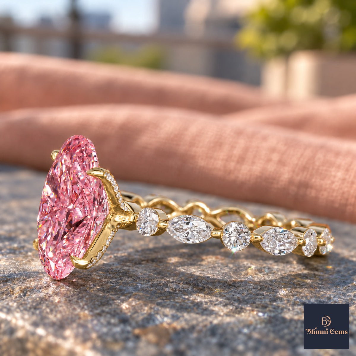 Pink Oval Cut Lab Grown Diamond Engagement Ring - Navette Band in yellow gold, side view