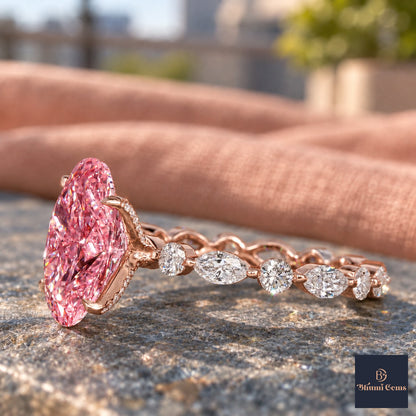 Pink Oval Cut Lab Grown Diamond Engagement Ring - Navette Band in rose gold, side view