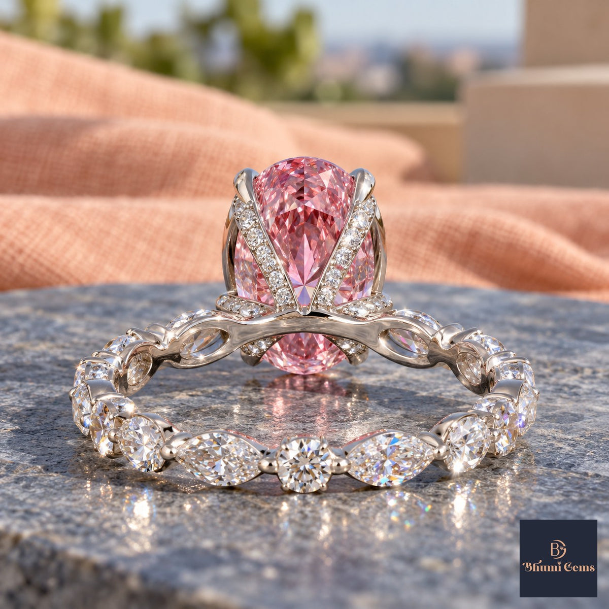 Pink Oval Cut Lab Grown Diamond Engagement Ring - Navette Band in white gold, gallery view