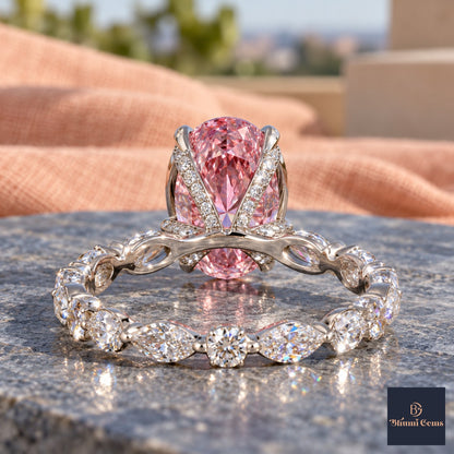 Pink Oval Cut Lab Grown Diamond Engagement Ring - Navette Band in white gold, gallery view