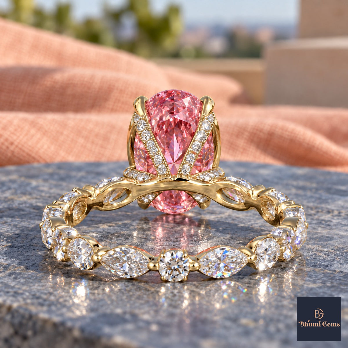 Pink Oval Cut Lab Grown Diamond Engagement Ring - Navette Band in yellow gold, gallery view