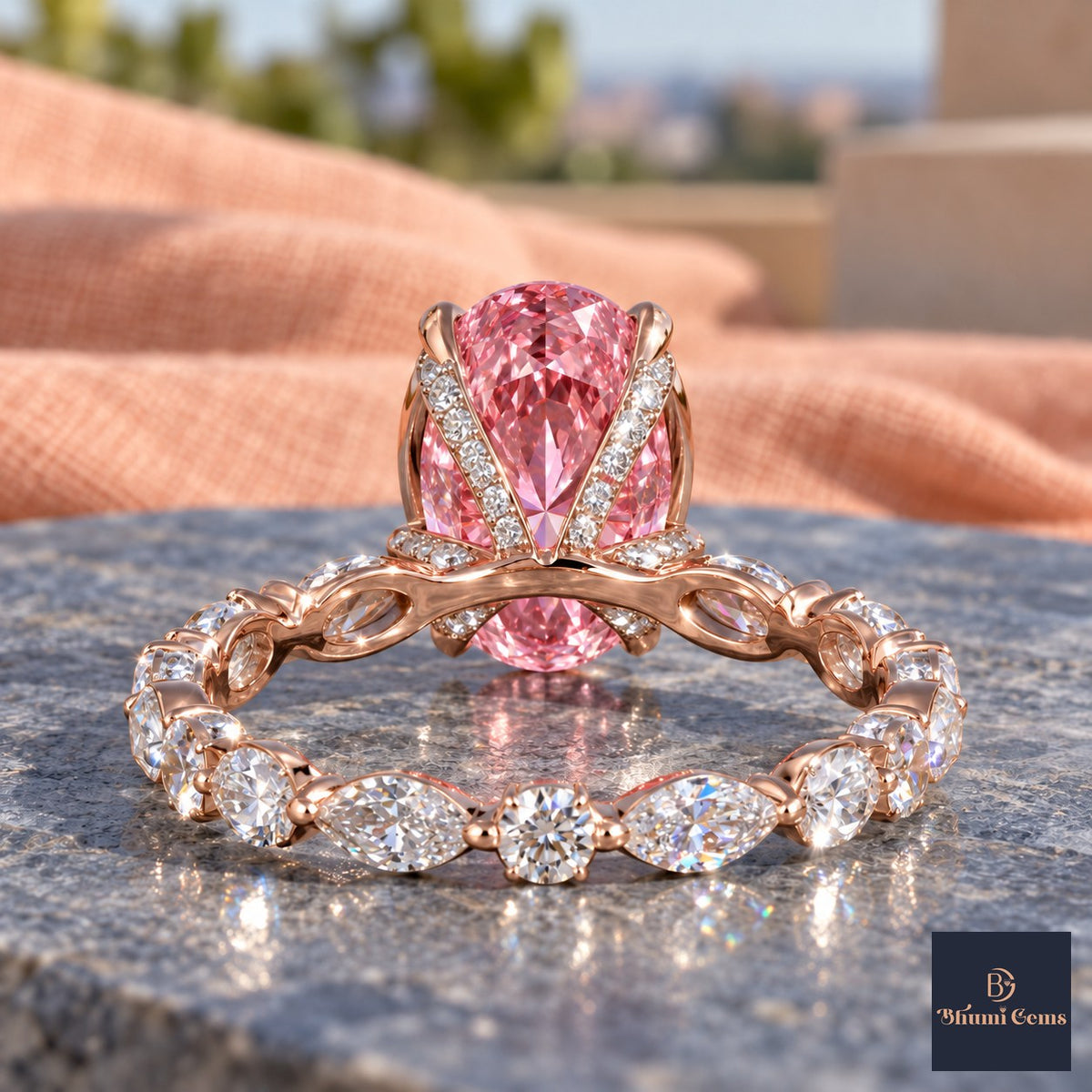 Pink Oval Cut Lab Grown Diamond Engagement Ring - Navette Band in rose gold, gallery view