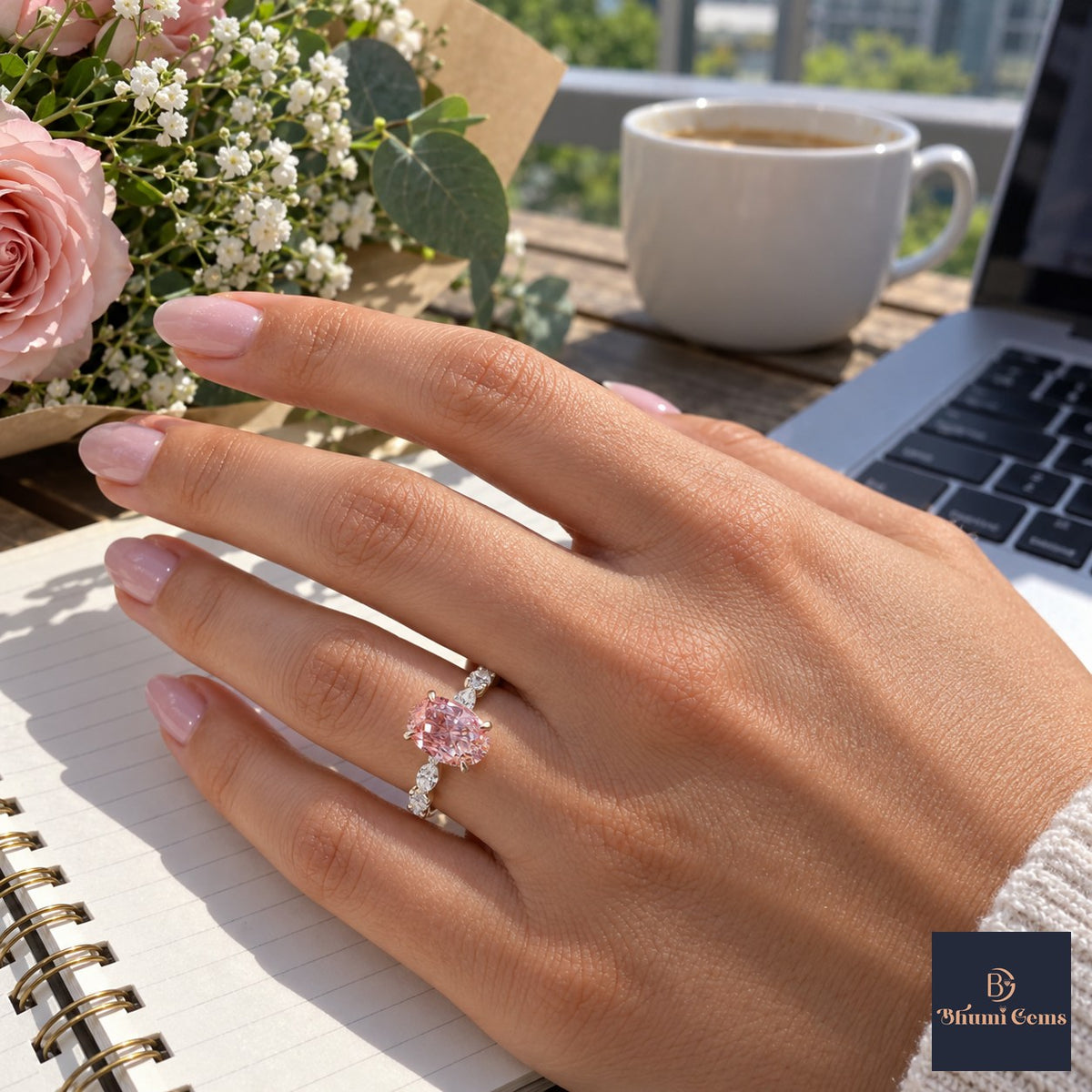 Pink Oval Cut Lab Grown Diamond Engagement Ring - Navette Band in white gold, worn on the hand