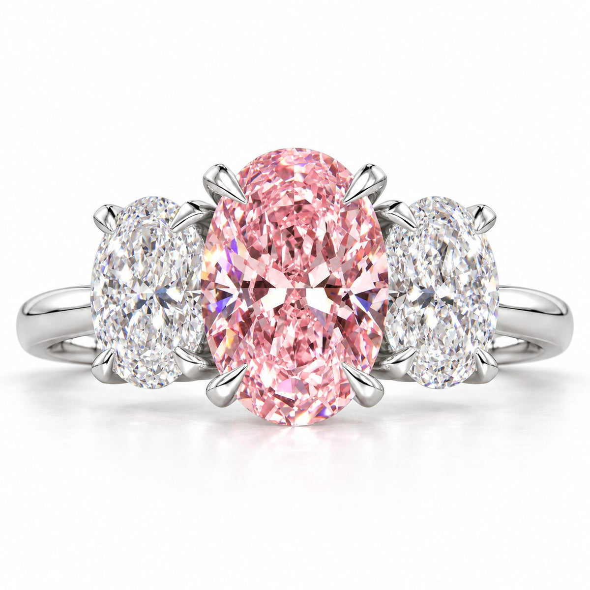 Pink Oval Cut Lab Grown Diamond Engagement Ring - Oval Three Stone in white gold, front view