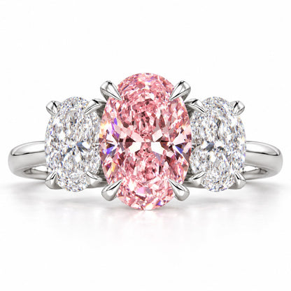Pink Oval Cut Lab Grown Diamond Engagement Ring - Oval Three Stone in white gold, front view