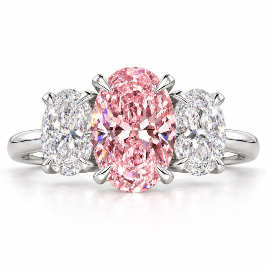 Pink Oval Cut Lab Grown Diamond Engagement Ring - Oval Three Stone in white gold, front view