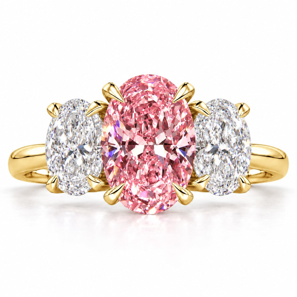 Pink Oval Cut Lab Grown Diamond Engagement Ring - Oval Three Stone in yellow gold, front view