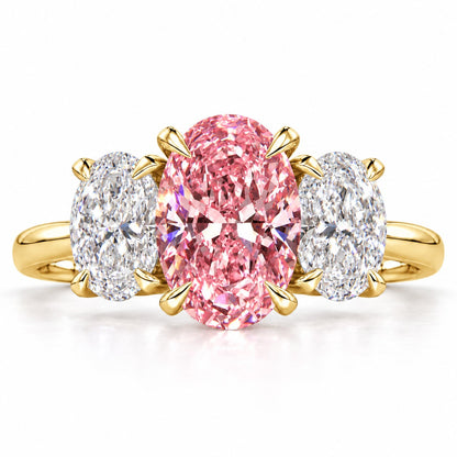 Pink Oval Cut Lab Grown Diamond Engagement Ring - Oval Three Stone in yellow gold, front view