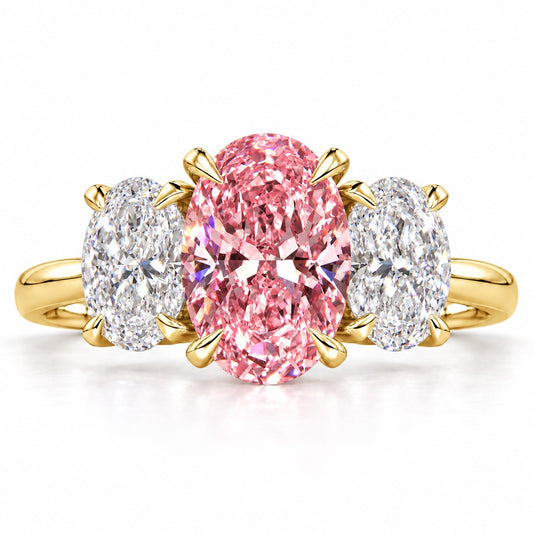 Pink Oval Cut Lab Grown Diamond Engagement Ring - Oval Three Stone in yellow gold, front view