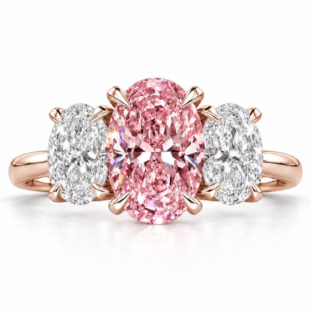Pink Oval Cut Lab Grown Diamond Engagement Ring - Oval Three Stone in rose gold, front view