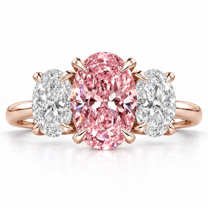 Pink Oval Cut Lab Grown Diamond Engagement Ring - Oval Three Stone in rose gold, front view