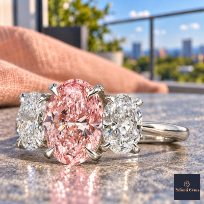 Pink Oval Cut Lab Grown Diamond Engagement Ring - Oval Three Stone in white gold, close-up