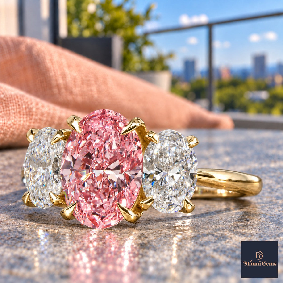Pink Oval Cut Lab Grown Diamond Engagement Ring - Oval Three Stone in yellow gold, close-up
