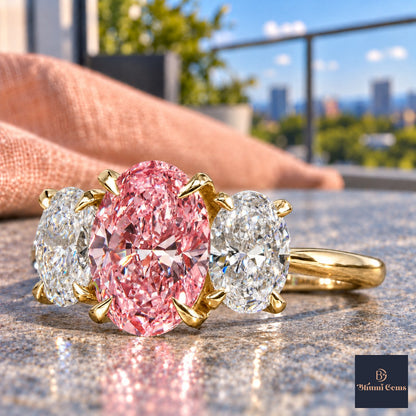 Pink Oval Cut Lab Grown Diamond Engagement Ring - Oval Three Stone in yellow gold, close-up