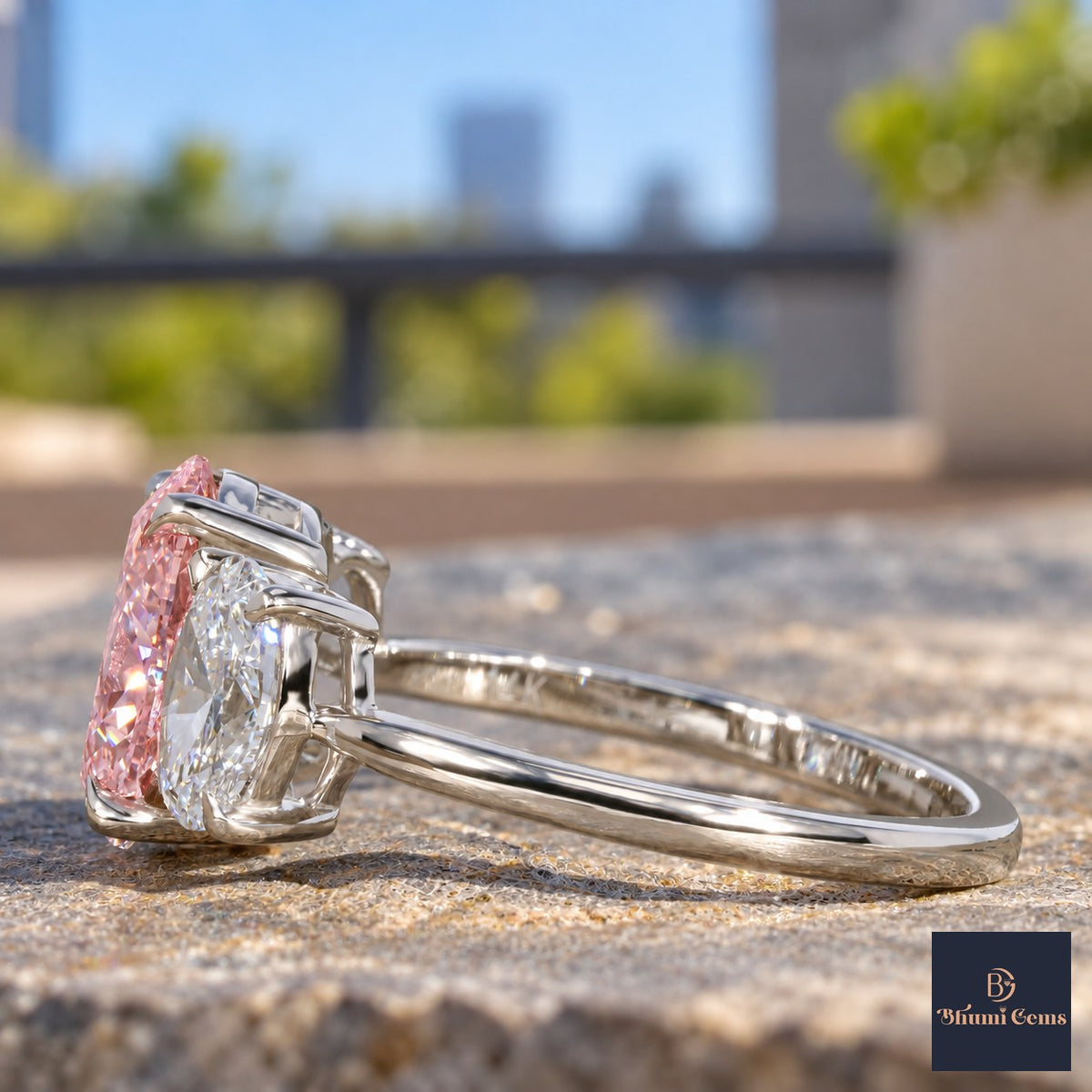 Pink Oval Cut Lab Grown Diamond Engagement Ring - Oval Three Stone in white gold, side view