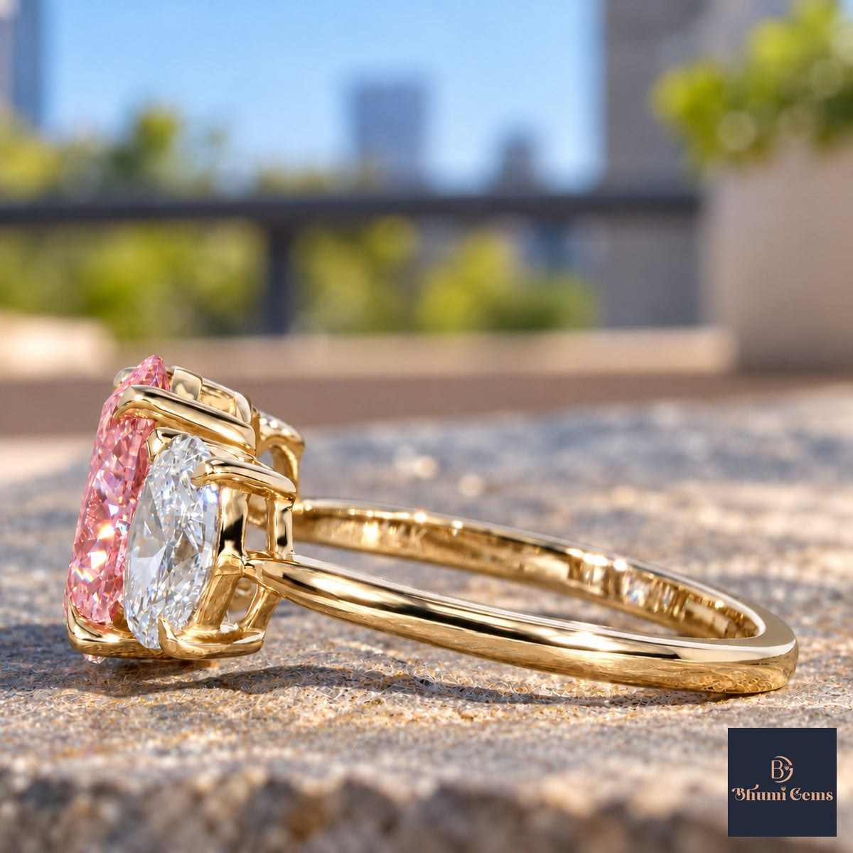Pink Oval Cut Lab Grown Diamond Engagement Ring - Oval Three Stone in yellow gold, side view