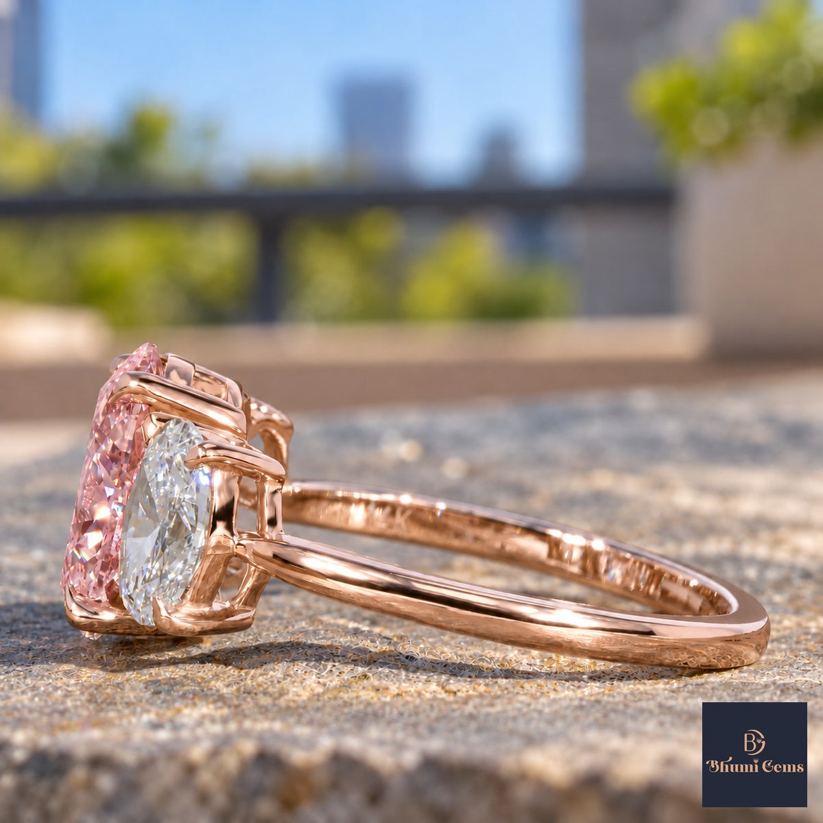 Pink Oval Cut Lab Grown Diamond Engagement Ring - Oval Three Stone in rose gold, side view
