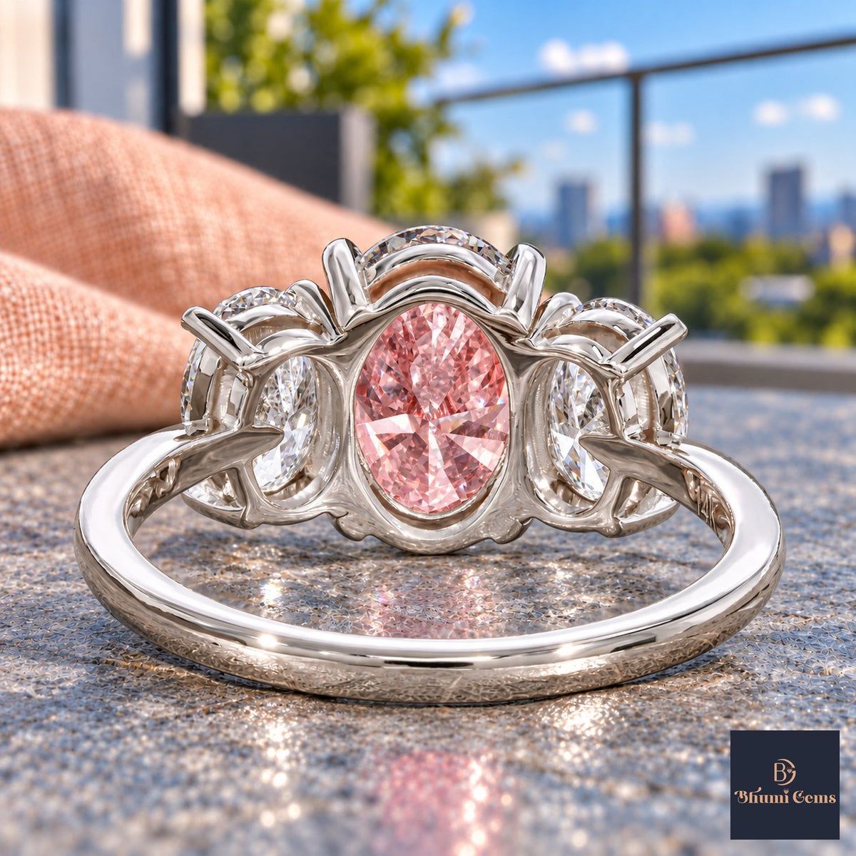 Pink Oval Cut Lab Grown Diamond Engagement Ring - Oval Three Stone in white gold, gallery view
