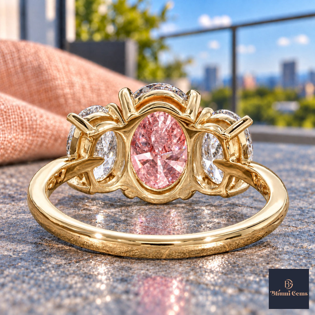 Pink Oval Cut Lab Grown Diamond Engagement Ring - Oval Three Stone in yellow gold, gallery view