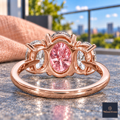 Pink Oval Cut Lab Grown Diamond Engagement Ring - Oval Three Stone in rose gold, gallery view
