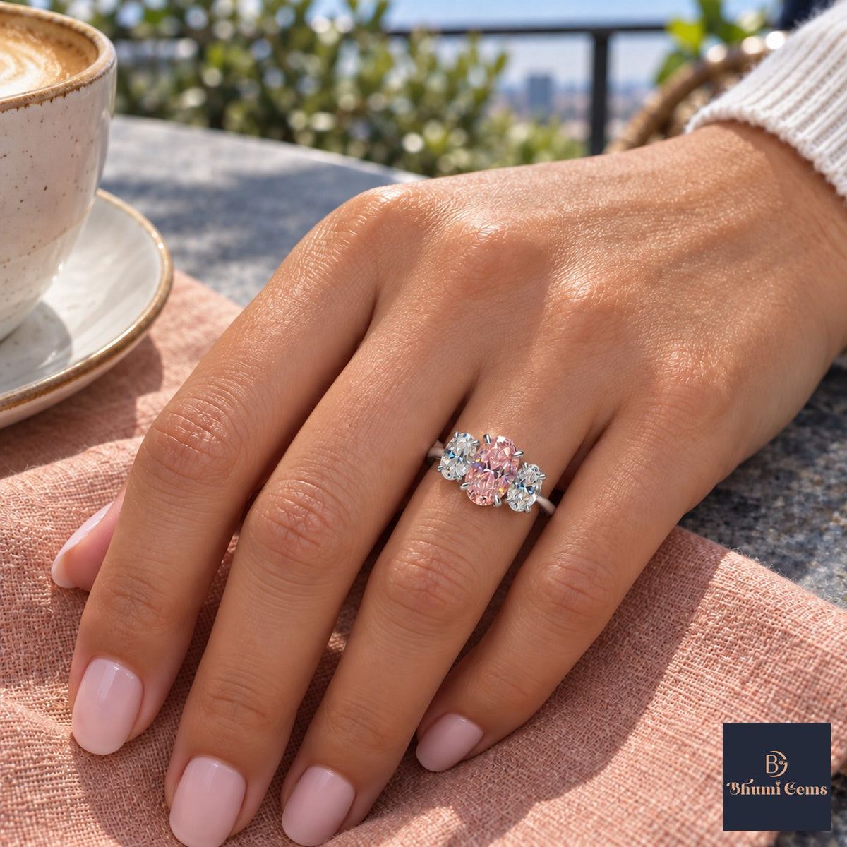 Pink Oval Cut Lab Grown Diamond Engagement Ring - Oval Three Stone in white gold, on the hand