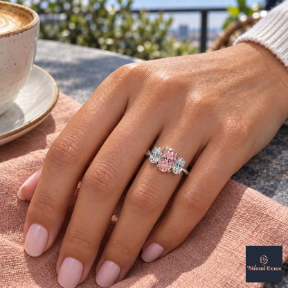 Pink Oval Cut Lab Grown Diamond Engagement Ring - Oval Three Stone in white gold, on the hand