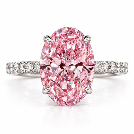 Pink Oval Cut Lab Grown Diamond Engagement Ring - Pave Band in white gold, front view